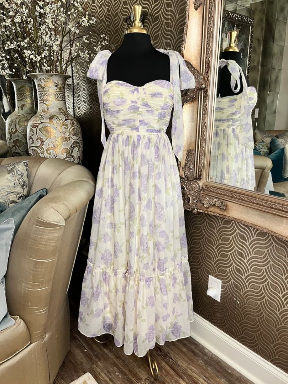 Marble purple pastel floral tiered maxi dress